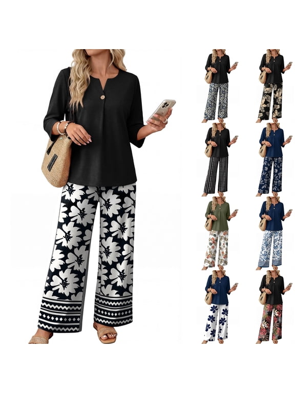 Women’s Casual Printed Three Quarter Sleeve Button Top Wide Leg Pants Two Piece Set Relaxed Fit Floral Pattern Outfit