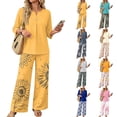 thumbnail image 1 of Women’s Casual Printed Two Piece Set Button Front 3/4 Sleeve Top And Wide Leg Long Pants Outfit Gray L, 1 of 6