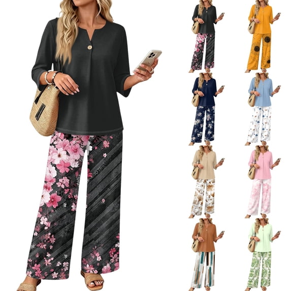 Women’s Casual Printed Two Piece Set Button Front 3/4 Sleeve Top And Wide Leg Long Pants Outfit Khaki L