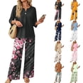 thumbnail image 1 of Women’s Casual Printed Two Piece Set Button Front 3/4 Sleeve Top And Wide Leg Long Pants Outfit Navy M, 1 of 6