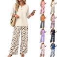thumbnail image 1 of Women’s Casual Printed Two Piece Set Button Front 3/4 Sleeve Top And Wide Leg Long Pants Outfit Watermelon Red S, 1 of 6
