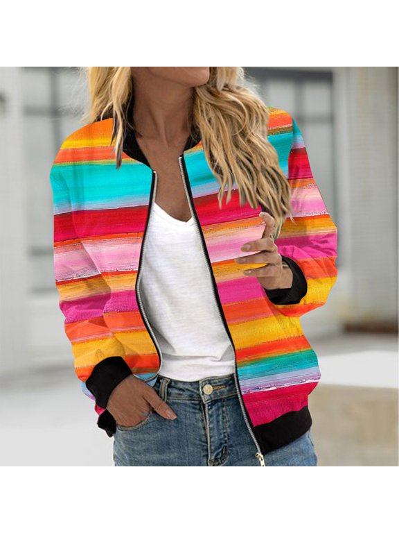 Women's Casual Printed Zip-Up Coat with Pockets Long Sleeve Loose Fit Top - Stylish Lightweight Jacket for Fall Tailgates, Weekend Errands and Coffee Shop Strolls