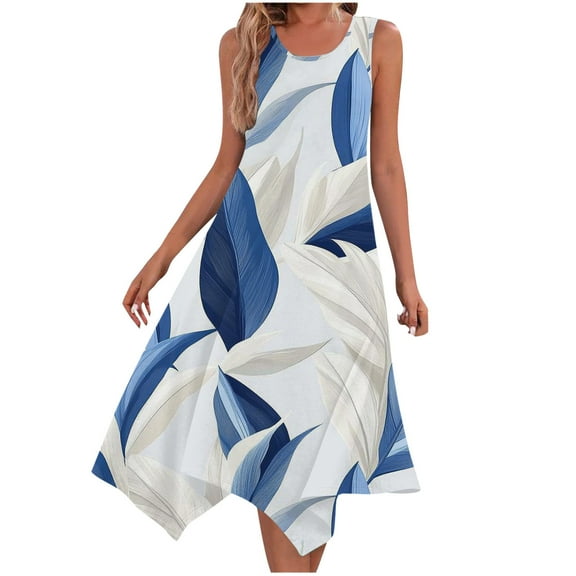 ZQUUVOU Women's Casual Printes Floar Dress Sleeveless Round Neck Short Floral Dress Blue