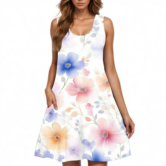 ZQUUVOU Women's Casual Printes Floar Dress Sleeveless Round Neck Short Floral Dress Multicolor