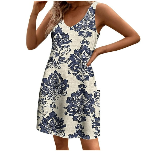 ZQUUVOU Women's Casual Printes Floar Dress Sleeveless Round Neck Short Floral Dress Multicolor