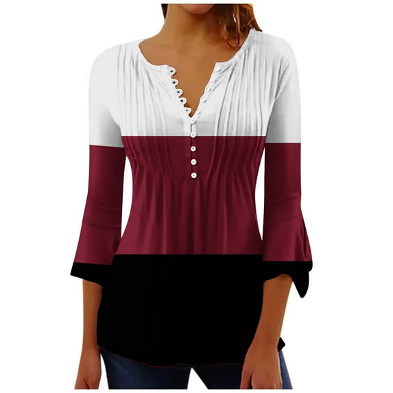 ZQUUVOU Women's Casual Printing Shirts Three Quarter Sleeve V Neck Button T-Shirt Tees Blouse Burgundy
