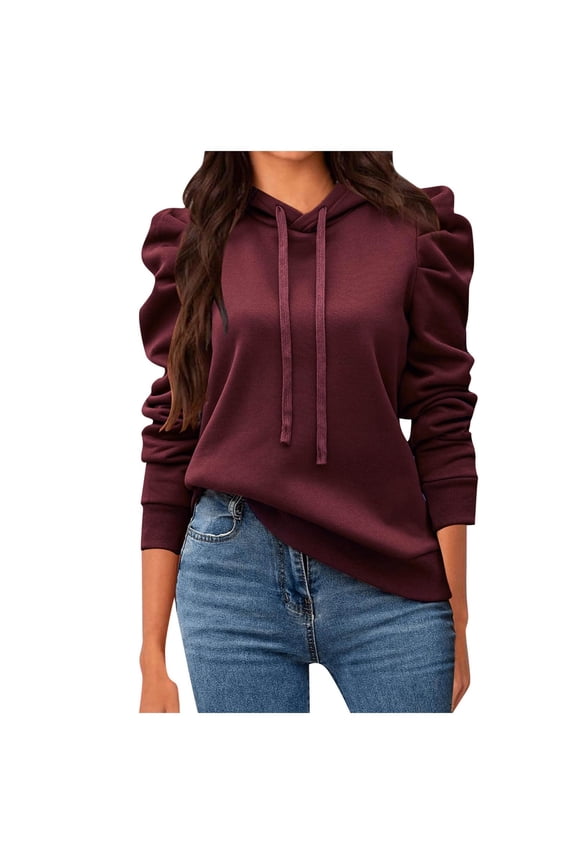 Women's Casual Puff Long Sleeve Hoodies Drawstring Pullover Sweatshirts Loose Fit Solid Shirts for Fall Fashion