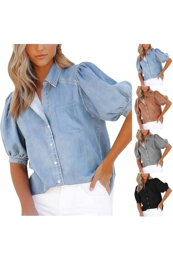Women's Casual Puff Short Sleeve Button Shirt Summer V Neck Collared Blouse Loose Work Tops Solid Color Denim Look Tops Plus Size Shirts