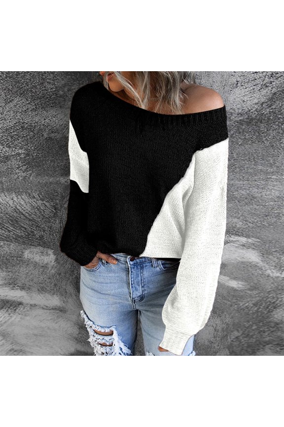 Women's Casual Pullover Long Sleeve Patchwork Tops Sweater For Fall Season