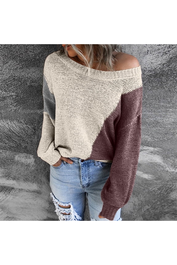 Women's Casual Pullover Long Sleeve Patchwork Tops Sweater For Fall Season