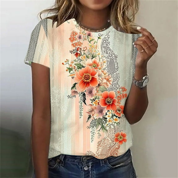 Women's Casual Pullover Printed Round Neck Short Sleeved