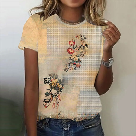 Women's Casual Pullover Printed Round Neck Short Sleeved