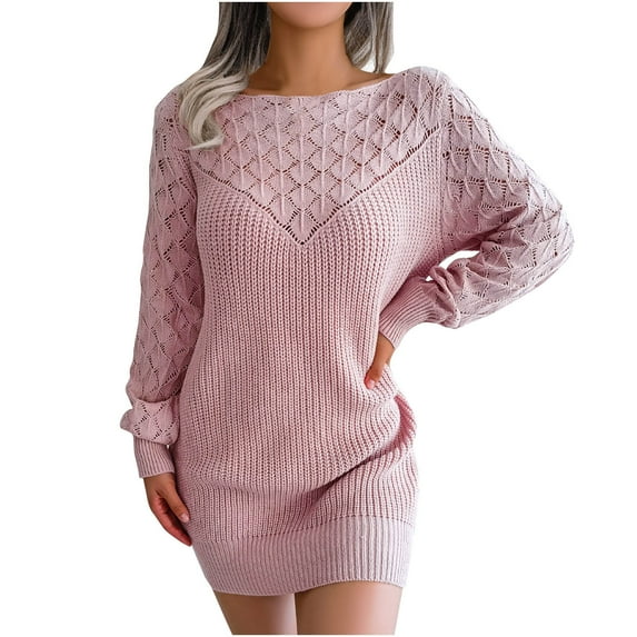 Women's Casual Pullover Sweater Short Dress Long Sleeve Crew Neck Solid Dressy Fall Winter Mini Ribbed Knit Dresses