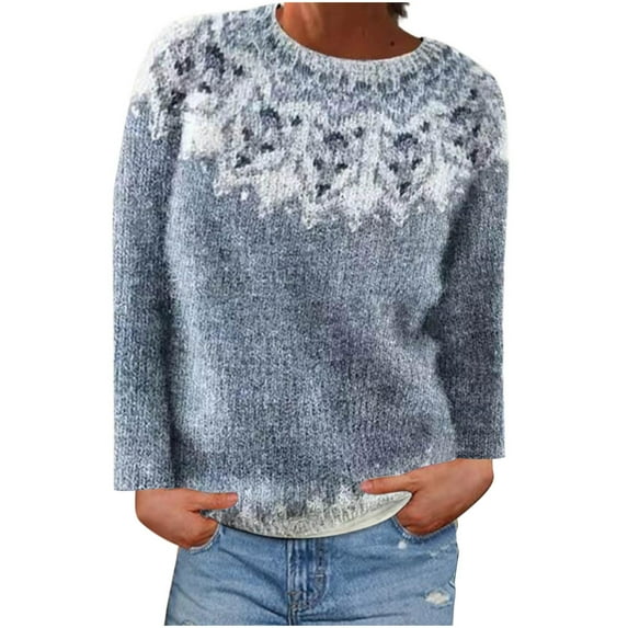 Women's Casual Pullover Sweaters Print Long Sleeve Crew Neck Knitted Sweatshirts Casual Oversized Pullover Tops (Light Blue XL)