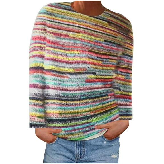 Women's Casual Pullover Sweaters Print Long Sleeve Crew Neck Knitted Sweatshirts Casual Oversized Pullover Tops (Pink 2XL)