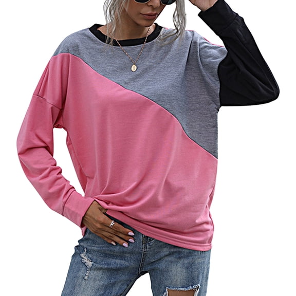 Women's Casual Pullover Top in Pink M, Round Neck, Long Sleeves, Drop Shoulder, Color Block Design
