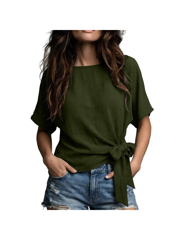 Women's Casual Pullover Tops Side Tie Short Sleeve Textured Top with Short Sleeves Going Out Summer Blouse Olive Green M