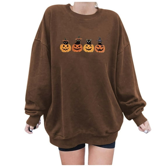 Women's Casual Pumpkin Print Round Neck Solid Color Long Sleeve Pullover Hoodie Hood Sweatshirt Christmas Hoodie Zip up Lady Pants Suits Athletic Wear Women Hooded Warm Jacket Women Yoga Pants Ladies