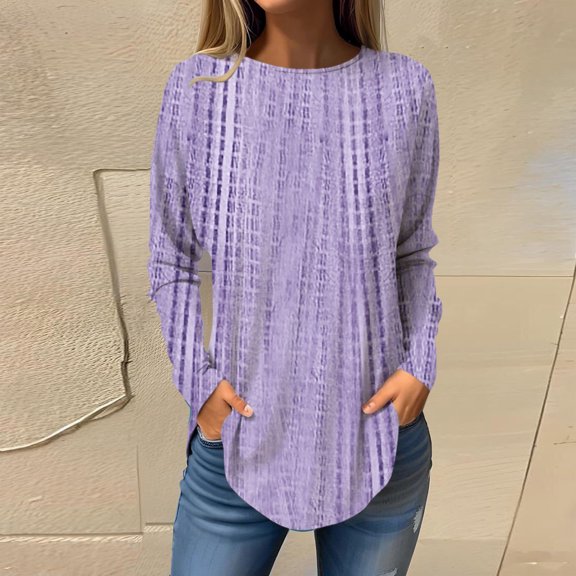 Women's Casual Pure Color Round Neck Drop Shoulder T-Shirt, Fashionable 3/4 Sleeve Top with Curved Hem Design, Soft Breathable Loose Fit Blouse for Summer, Daily Wear, Travel Purple L
