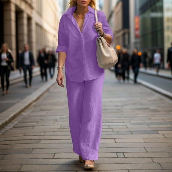 Women's Casual Pure Color Wide Leg Pant Suit 2 Piece Long Pants Outfit Border Fashion Set Dress Suits for Girls Women Pants Woman Suites Woman Pantsuit Sweater Pants Set Woman Pants Suits for Party