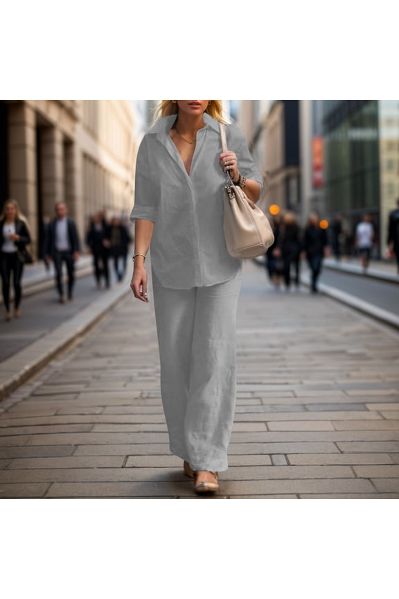 Casual Pure Color Wide-Leg Long Pant Suit Set, Women's