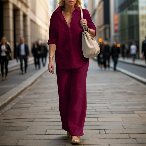 Women's Casual Pure Color Wide Leg Pant Suit 2 Piece Long Pants Outfit Border Fashion Set Dress Suits for Girls Women Pants Woman Suites Woman Pantsuit Sweater Pants Set Woman Pants Suits for Party