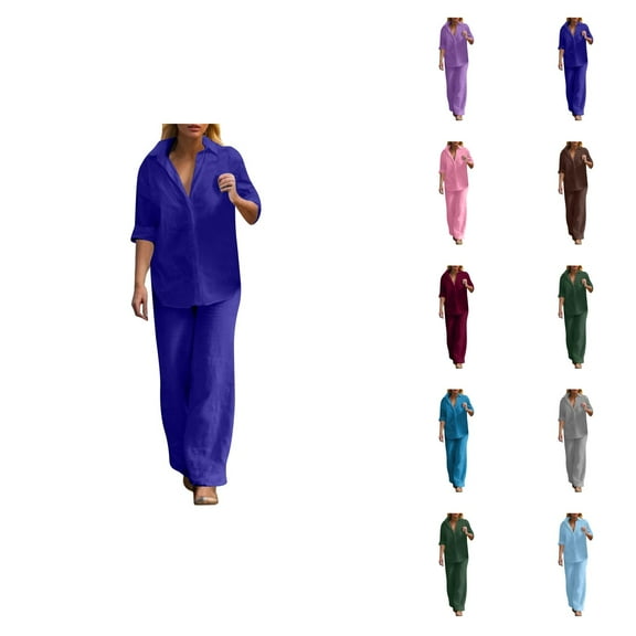 Women's Casual Pure Color Wide Leg Pant Suit 2 Piece Long Pants Outfit Border Fashion Set Ladies Capris For Summer