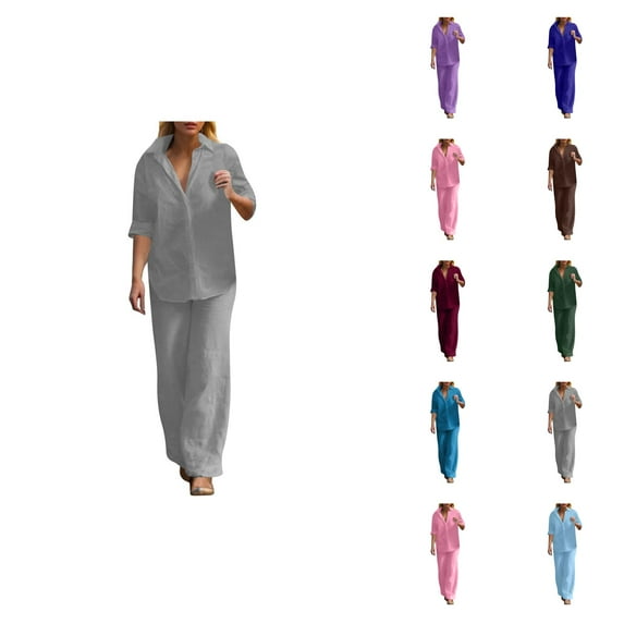 Women's Casual Pure Color Wide Leg Pant Suit 2 Piece Long Pants Outfit Border Fashion Set Summer Pants For Women