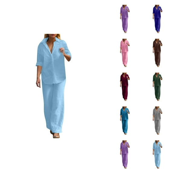 Women's Casual Pure Color Wide Leg Pant Suit 2 Piece Long Pants Outfit Border Fashion Set Women Pants Summer