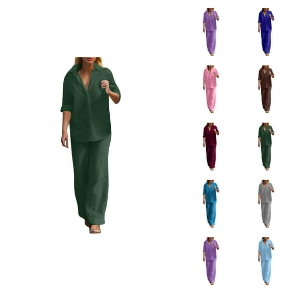 Women's Casual Pure Color Wide Leg Pant Suit 2 Piece Long Pants Outfit Border Fashion Set Women'S Capri Pants Casual