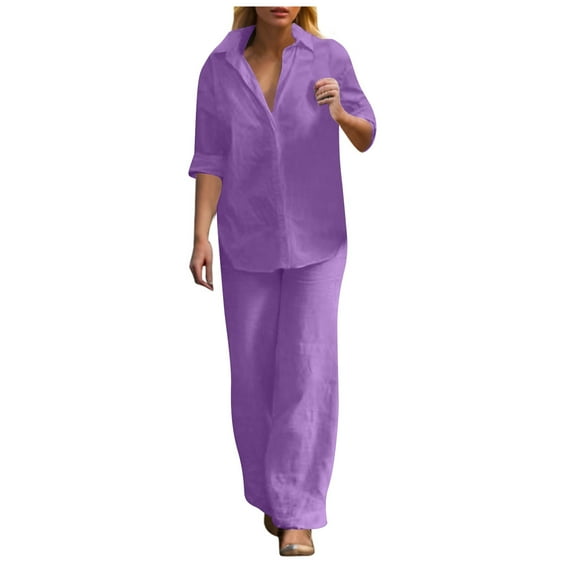 Women's Casual Pure Color Wide Leg Pant Suit - 2 Piece Long Pants Outfit - Polyester Fabric, Business Casual Style, Versatile for Work & Parties