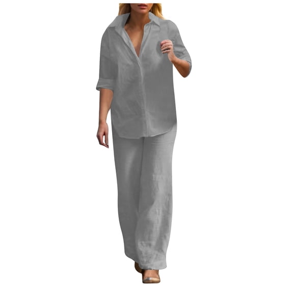 Women's Casual Pure Color Wide Leg Pant Suit - 2 Piece Outfit with Matching Top, Polyester, Loose Fit, Business Casual