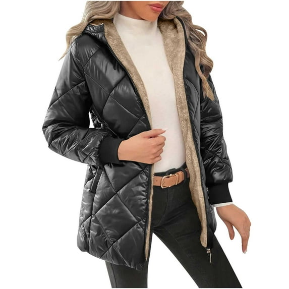 Women's Casual Quilted Sweatshirts Sherpa Lined Hooded Full Zip Up Sweater Long Sleeve Trendy Cotton Coat with Pockets (2XL, Black)
