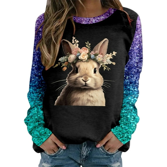 Women's Casual Rabbit Easter Print Round Neck Long Sleeve Hoodless Sweatshirt Top Khaki XXL