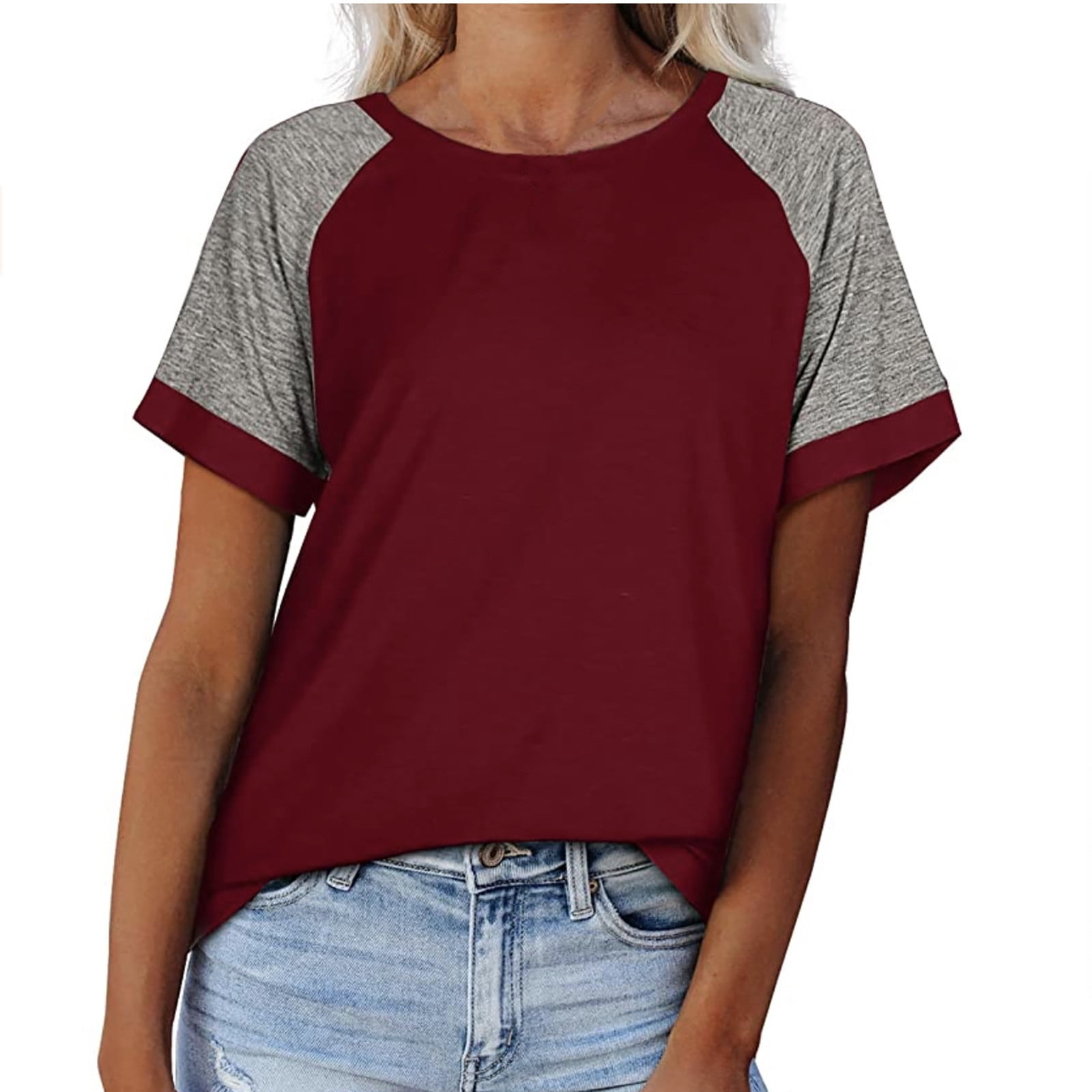 Mingnos Women's Short Sleeve Raglan T-Shirt - Colorblock Crossover Summer Top, Soft Cotton Blend (Size 2XL, Brick Red)