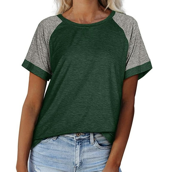 Women's Casual Raglan Shirt Short Sleeve Crew Neck T-shirts Colorblock Fashion Base Tee Shirt Summer Tshirts (3XL, Green)
