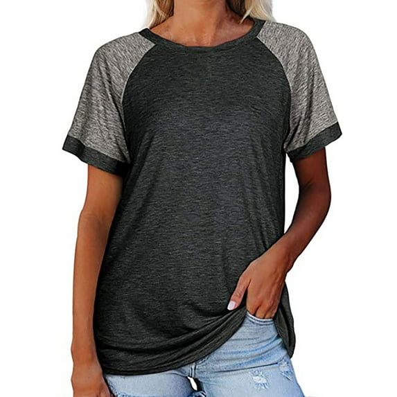 Women's Casual Raglan Shirt Short Sleeve Crew Neck T-shirts Colorblock Fashion Base Tee Shirt Summer Tshirts (XL, Gray)