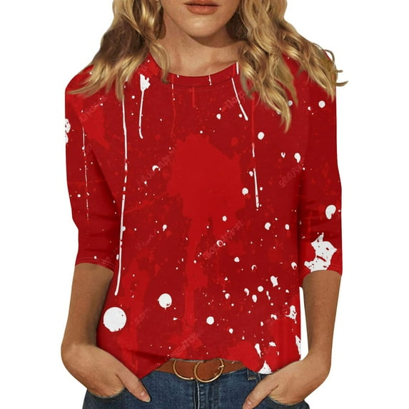 Women’s Casual Red Paint Splatter Print Top, 3/4 Sleeve Loose Fit Soft Crew Neck T-Shirt for Everyday Wear, Comfortable Stylish Tee