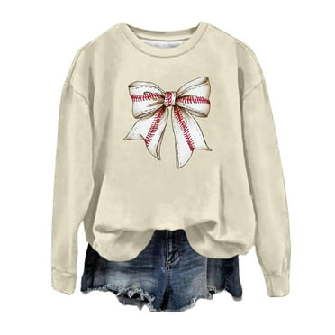 Women's Casual Red Sweatshirt with Baseball Bow Graphic Long Sleeve Crewneck Pullover for Sports Fans