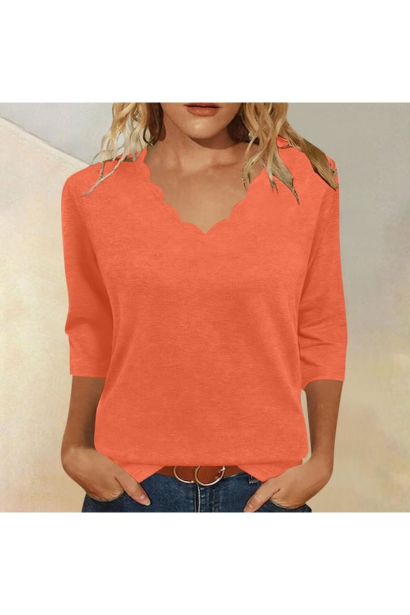 Women's Casual Relaxed Blouse, Wave-Shaped Neckline Three Quarter Sleeve Top, Breathable Lightweight Fashion Tops for Daily Wear