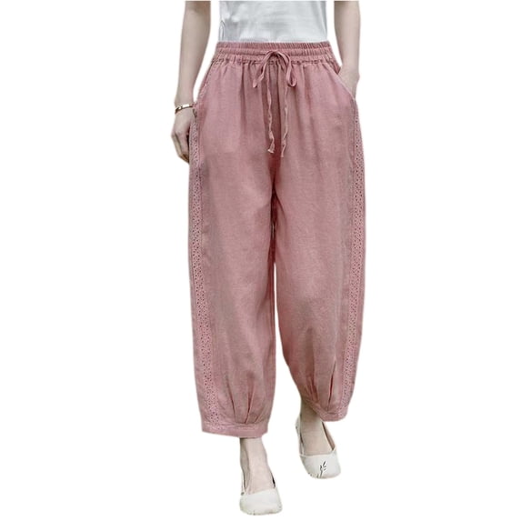Women's Casual Relaxed Fit Cotton Linen Blend Wide Leg Pants Versatile And Flattering 9/10th Length Bell Bottom Pants, Size M-2XL