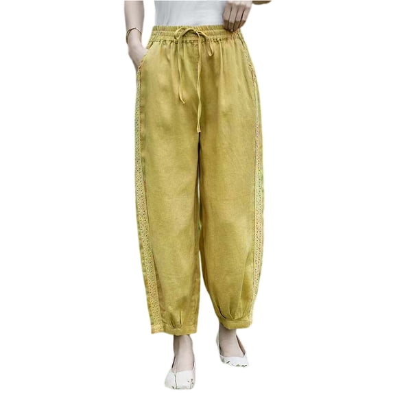 Women's Casual Relaxed Fit Cotton Linen Blend Wide Leg Pants Versatile And Flattering 9/10th Length Bell Bottom Pants, Size M-2XL