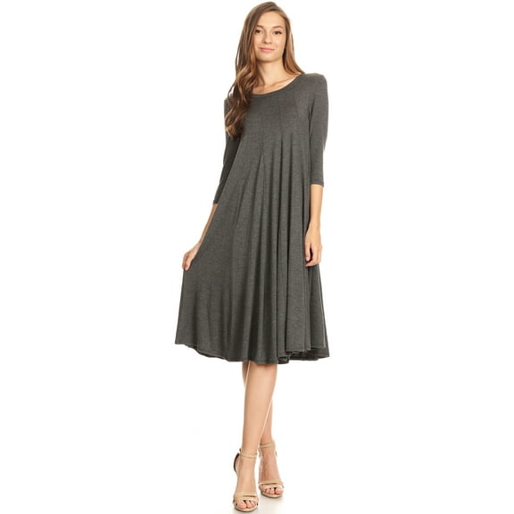 Women's Casual Relexed Fit 3/4 Sleeve Jersey Knit A-Line Solid Midi Dress