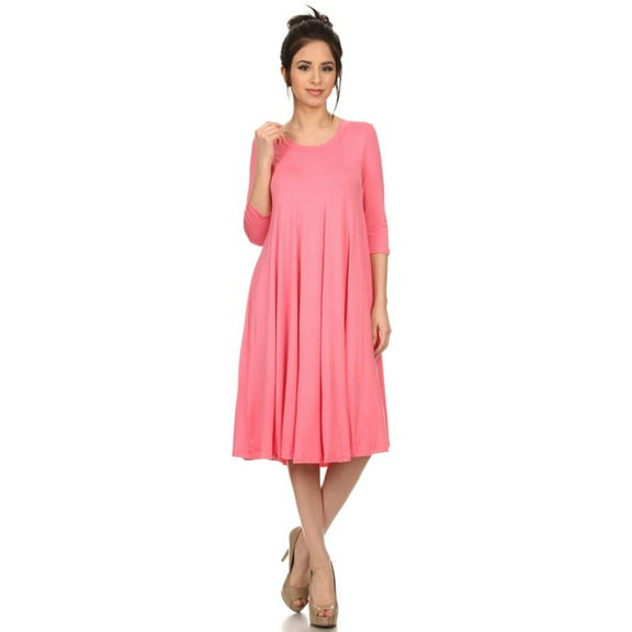 Women's Casual Relexed Fit 3/4 Sleeve Jersey Knit A-Line Solid Midi Dress