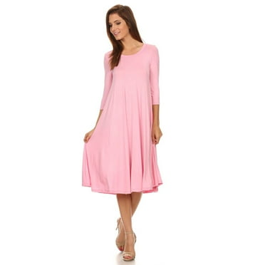 Women's Casual Relexed Fit 3/4 Sleeve Jersey Knit A-Line Solid Midi Dress