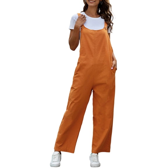 Women's Casual Retro Cargo Pants Adjustable Shoulder Straps Loose Wide Leg Jumpsuit with Pockets
