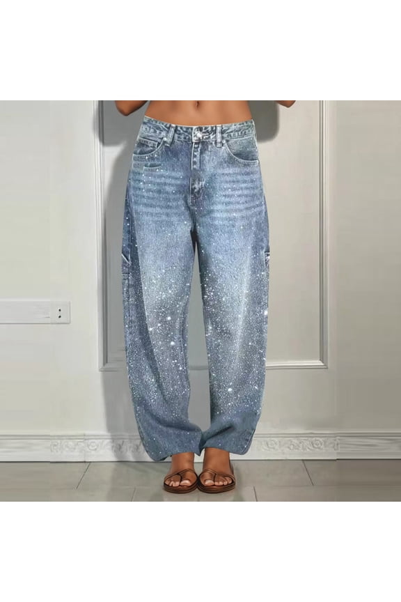 Women’s Casual Rhinestone Straight Leg Jeans Baggy Distressed Denim Pants (Light Blue XXXL)