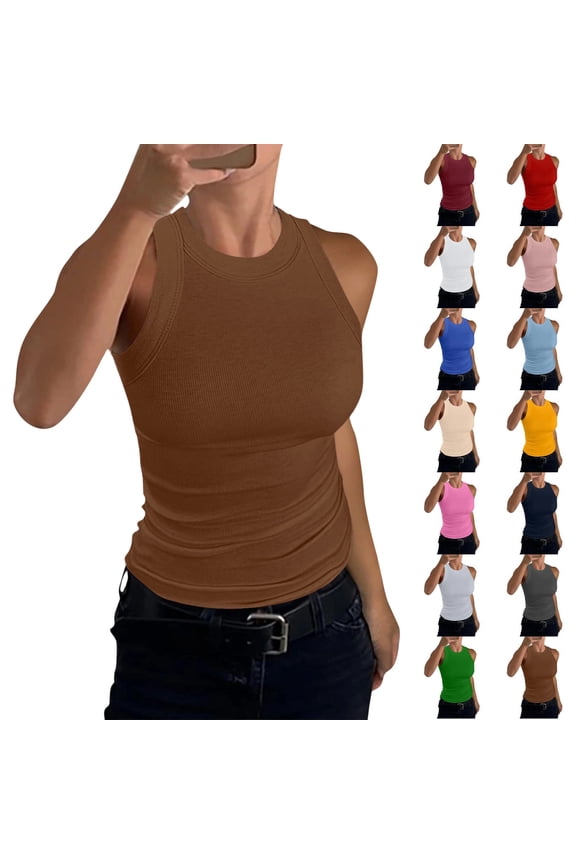 Women's Casual Ribbed Cami Top 2026 Summer Sleeveless Crew Neck Racerback Form Fitting Basic Layering Tank Top Brown L