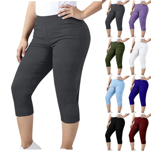 Women's Casual Ribbed Cropped Pants High Waist Elastic Waist Capris Trendy Athleisure Bottoms Gray XXL