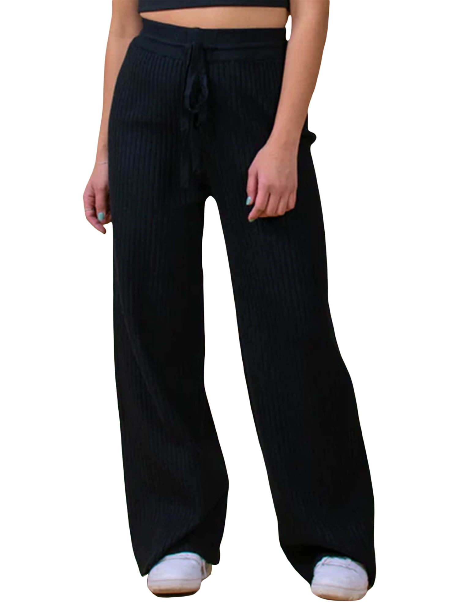 Women's Casual Ribbed Knit Pants Elastic Waist Tie Front Wide Leg